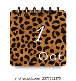 1 day of the month. October. Leopard print calendar daily icon. White letters. Date day week Sunday, Monday, Tuesday, Wednesday, Thursday, Friday, Saturday.  White background. Vector illustration.