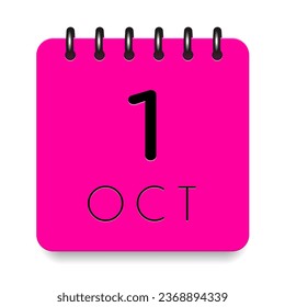 1 day of the month. October. Pink calendar daily icon with black letter. Date day week Sunday, Monday, Tuesday, Wednesday, Thursday, Friday, Saturday. Cut paper. White background. Vector illustration.