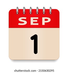 1 day of the month. September. Flip old formal calendar. 3d daily icon. Date. Week Sunday, Monday, Tuesday, Wednesday, Thursday, Friday, Saturday. Cut paper. White background. Vector illustration.