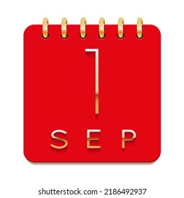 1 day of the month. September. Luxury calendar daily icon. Date day week Sunday, Monday, Tuesday, Wednesday, Thursday, Friday, Saturday. Gold text. Red paper. Vector illustration.