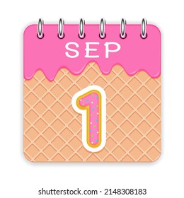 1 day of a month. September. Waffle cone calendar with melted ice cream. 3d daily icon. Date. Week Sunday, Monday, Tuesday, Wednesday, Thursday, Friday, Saturday. White background Vector illustration