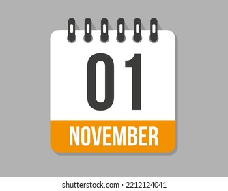 1 day november calendar icon. Orange calendar vector on light background for november month