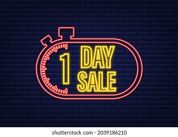 1 Day sale. Countdown timer. Clock icon. Glitch icon. Time icon. Count time sale. Neon icon. Vector stock illustration.