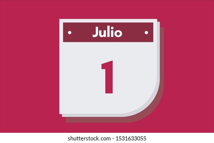 1 de Julio. Dia del mes. Calendario (July 1st. Day of month. Calendar in spanish) vector illustration icon.