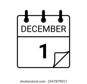 1 December calendar icon text page monthly web design on black and white background vector, icon, or illustration with the month of December 1