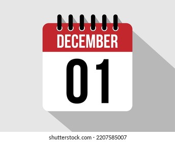 1 December calendar vector icon. Red december date for the days of the month