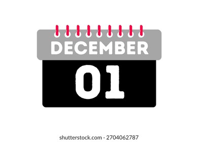 1 December month single day vector, illustration, calendar with ash, black, red and white color background calendar icon of December 1