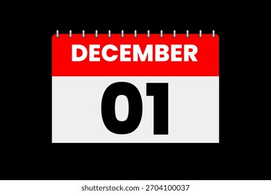 Vector de un solo día del mes de diciembre, ilustración, calendario con el icono rojo, blanco y negro del calendario del fondo del color del 1 de diciembre