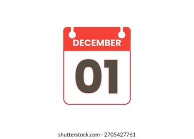 1 December month single day vector, illustration, calendar with red, black and white color background calendar icon of December 1