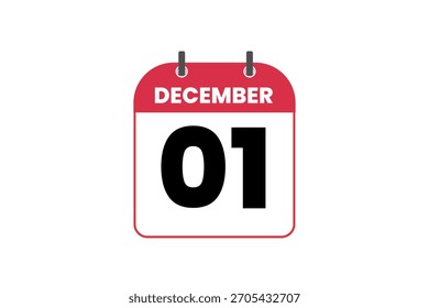1 December month single day vector, illustration, calendar with red, black and white color background calendar icon of December 1