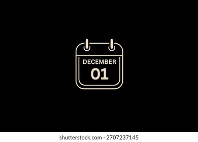 Vector de un solo día del mes de diciembre, ilustración, calendario con el icono de calendario de marco de fondo dorado y blanco del 1 de diciembre