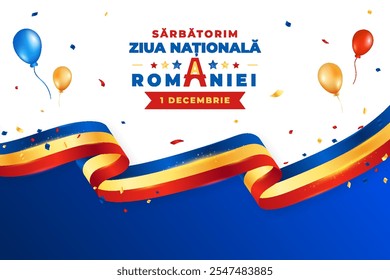 1 de dezembro, Dia Nacional da Romênia Fundo com Faixa de Bandeira Realista, Confetes e Balões. Dia da Grande União na Romênia