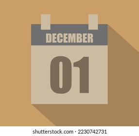 1 december vector calendar icon. Calendar page design on dark background for December days