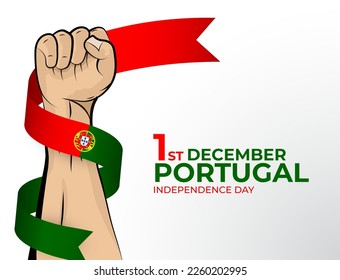 1 December. Vector illustration of Happy Independence Day greeting card for the country of Portugal with clenched fists and a flag ribbon. Use for banners on a white background.
