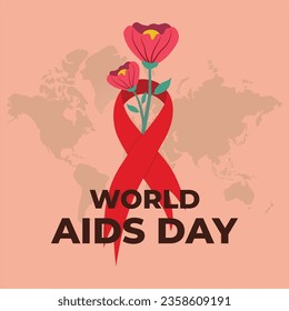 1 December World Aids day. Aids awareness red ribbon and red flowers. World Aids Day concept. Vector Illustration