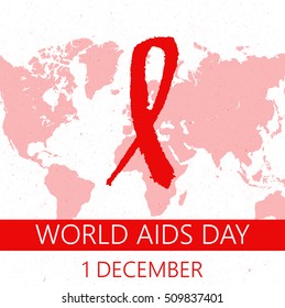1 December - World aids day. Aids awareness background with red ribbon and planet silhouette. Vector illustration