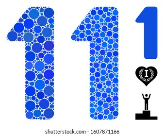 1 digit mosaic of round dots in different sizes and color tints, based on 1 digit icon. Vector dots are combined into blue mosaic. Dotted 1 digit icon in usual and blue versions.