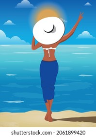 1 Ilustración digital de una muchacha en un sombrero tomando sol y nadando de vacaciones en la playa del mar oceánico