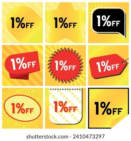 Juego de etiquetas de descuento del 1%, 9 variaciones - Estrella de bolas en franjas, Burbuja de voz, Cupón, Estampilla de estreno, Etiqueta de precio, Oval, Calendario, Pegatina. Fondo naranja amarillo