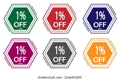 1% de descuento en etiqueta de color. icono de oferta especial para tiendas de color verde, rojo, azul, rosa, gris y naranja.