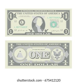 1 Dollar Banknote Vector. Cartoon US Currency. Two Sides Of One American Money Bill Isolated Illustration. Cash Symbol 1 Dollar