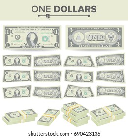 1 Dollar Banknote Vector. Cartoon US Currency. Two Sides Of One American Money Bill Isolated Illustration. Cash Symbol 1 Dollar Stacks