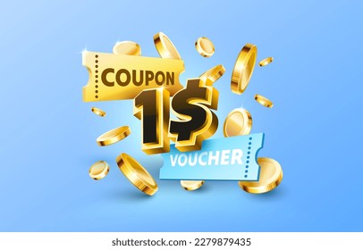 1 dollar coupon gift voucher, cash back banner special offer. Vector illustration