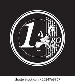 Diseño de Vector de moneda de 1 euro en color blanco y sobre un fondo negro, silueta hecha a mano