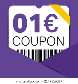 1 Euro Coupon promotion sale for a website, internet ads, social media gift 1 off discount voucher. Big sale and super sale coupon discount. Price Tag Mega Coupon discount with vector illustration.