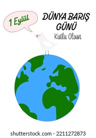 1 Eylul Dunya Baris Gunu Kutlu Olsun. Traducir: Feliz 1 de septiembre Día Mundial de la Paz. El diseño vectorial vertical puede ser utilizado como post en medios sociales, banner de sitio web, afiche, folleto, tarjeta de saludo.