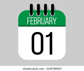 1 February calendar icon. Green calendar vector for February weekdays. Calendar page design on isolated background
