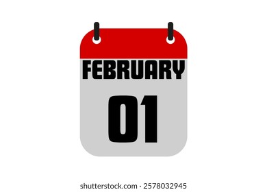 1 February calendar icon text page monthly web design on red, black and white background vector, icon, or illustration with the month of February 1