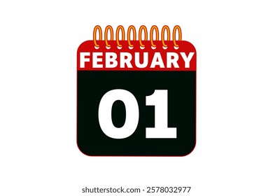 1 February calendar icon text page monthly web design on red, black and white background vector, icon, or illustration with the month of February 1