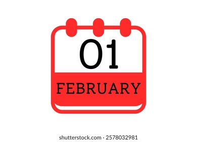 1 February calendar icon text page monthly web design on red, black and white background vector, icon, or illustration with the month of February 1