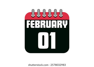 1 February calendar icon text page monthly web design on red, black and white background vector, icon, or illustration with the month of February 1