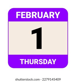 1 de febrero, jueves. Plantilla de fecha. Diseño útil para la promoción de calendarios o eventos. Ilustración vectorial Archivo EPS 10. Aislado sobre fondo blanco. 