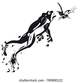 1 frog is jumping in black and white with ladybug
