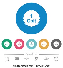 1 Gbit guarantee sticker flat white icons on round color backgrounds. 6 bonus icons included.