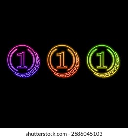 1 gold medal with laurel wreath, gold coin circular award vector illustration. neon style. gold winner badge, medallion for champion, shiny trophy award design from circular shape collection.