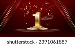 1 golden number and Anniversary Celebrating text with golden serpentine and confetti on red background.