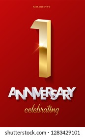1 golden number and Anniversary Celebrating text on red background. Vector first anniversary celebration event invitation template