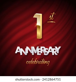 1 golden number, Anniversary white paper text and Celebrating word made of golden ribbons on red curtain background. Vector first anniversary celebration event square template.