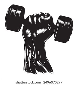 1 hand muscular lifting dumbbell silhouette isolated background.