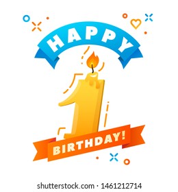 1. Happy Birthday Greeting Card. Colorful Birthday Candle and Ribbon. Wick and fire. Vector illustration. BOLD HAND DRAWN FONT.