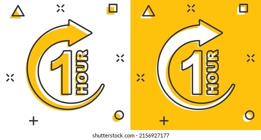 1 hour clock icon in comic style. Timer countdown cartoon vector illustration on isolated background. Time measure splash effect sign business concept.