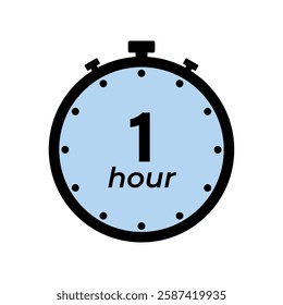 1 hour Timer, clock, stopwatch isolated icons. Countdown timer symbol. Label cooking time. Minute timer, Time measure, Chronometer, Alarm, Kitchen timer, label, sticker, stamp. Vector illustration