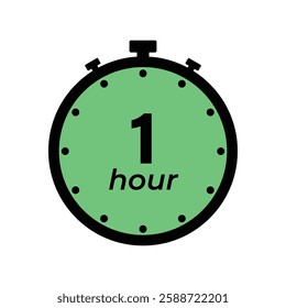 1 hour Timer, clock, stopwatch isolated icons. Countdown timer symbol. Label cooking time. Minute timer, Time measure, Chronometer, Alarm, Kitchen timer, label, sticker, stamp. Vector illustration