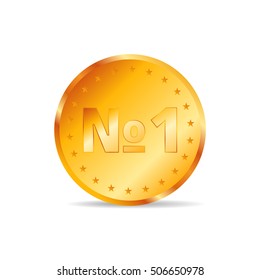 ? 1 inscription on gold coin, medal isolated on white background, icon