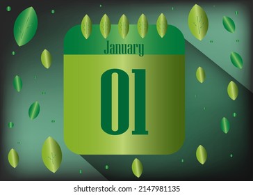 1 January. calendar icon for day of month and year with green leaves