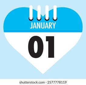 1 January calendar icon sky blue heart shape on light sky blue color background, calendar vector symbol for the month of January.